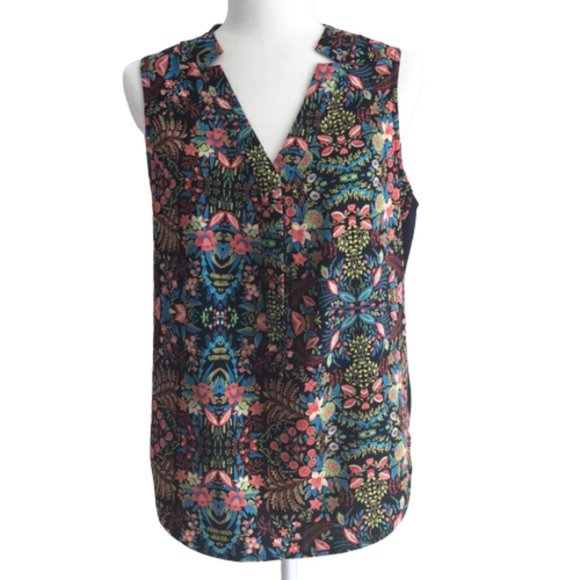 PIXLEY black pink blue floral print button front - Picture 1 of 7